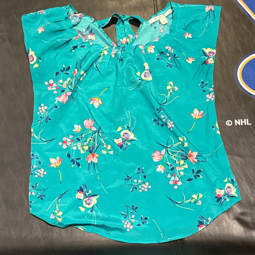 LC Lauren Conrad Teal Floral Cap-Sleeve Blouse